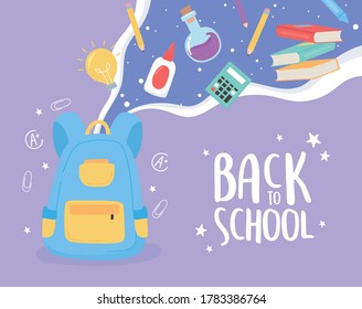 back to school, backpack glue test tube laboratory calculator items education cartoon vector illustration