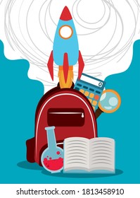 Zurück zur Schule, Rucksack-Lupenrechner-Buch und Chemie-Test-Tube Grundschule, Vektorgrafik