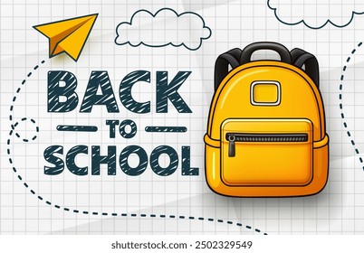 Vuelta a la escuela, mochila sobre fondo de papel. Ilustración vectorial