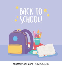 back to school, backpack open book pencils and crayon in cup elementary education cartoon vector illustration