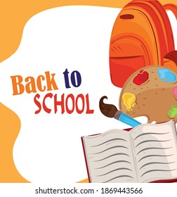 back to school, backpack palette watercolor brush and book education vector illustration