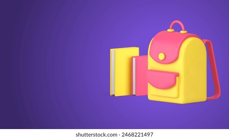 Volver a la escuela mochila libros de papel libro de texto de aprendizaje educación 3d icono Ilustración vectorial realista. Bolsa de estudio tutorial literatura conocimiento académico suministros para estudiantes universidad universitaria