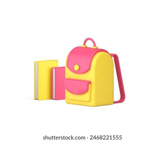 Back to school backpack paper books textbook learning education 3d icon realistic vector illustration. Schoolbag studying tutorial literature academic knowledge student supplies college university