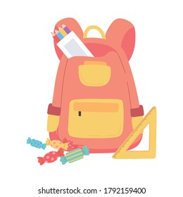 back to school, backpack pencils candies education cartoon vector illustration