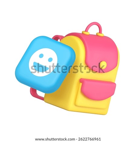 Back to school backpack with positive smiley badge 3d icon realistic vector illustration. Education learning college university preschool luggage schoolbag studying supply with comic emoji emoticon