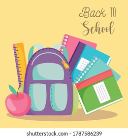 back to school, backpack ruler books and apple elementary education cartoon vector illustration