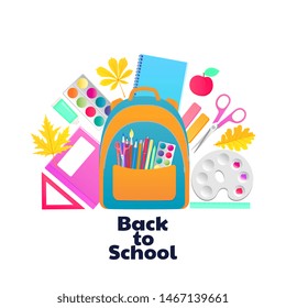 Back to school. Backpack and schoolchild supplies. Stationery and items for children's creativity