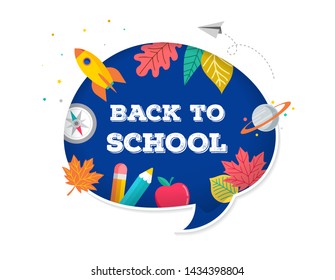 Back to school, backpack with speech bubble and many education icons, elements. Vector concept design