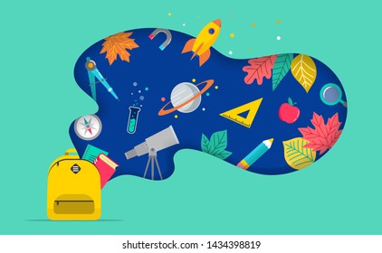 Back to school, backpack with speech bubble and many education icons, elements. Vector concept design