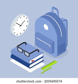 Back to school backpack storage organization vector isometric illustration. Schoolbag with stack of book and textbook. Educational time to studying learning at college. Concept of knowledge and skill