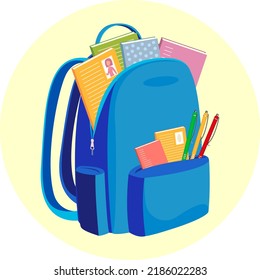 Back to school. School backpack with study supplies, books and pens. Subject for study