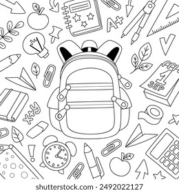 De vuelta a la escuela. Mochila y útiles escolares. Doodle libro para colorear antiestrés para niños y adultos. Vector estándar.