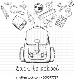 De volta à escola. Mochila escolar e material escolar. Imagem Doodle em uma folha de caderno. Ilustração do vetor de ações.