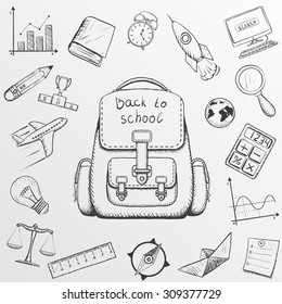 Back to school. School backpack and school supplies. Doodle image. Stock Vector illustration.