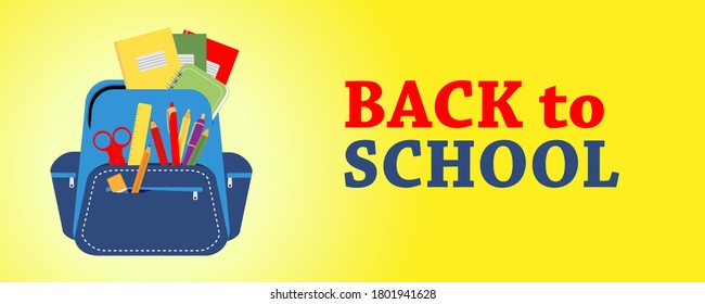 Back to school. Backpack with school supplies on a yellow background. Banner, place for text. Vector illustration