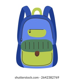 Back to school backpack vector illustration in blue and green color. Flat style school bag with front pocket, zipper compartments, and shoulder straps—perfect for students, kids, and educational theme