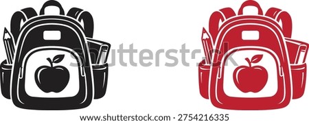 Back to school backpack vector illustration featuring a school bag with apple symbol and stationery items like pencils and notebooks. Minimalist icon design representing education, learning, student supplies and academic preparation. Perfect for back to school themes, classroom materials, teacher resources, student projects and educational graphics. Clean vector style isolated on white background.