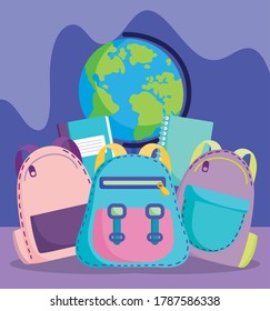 back to school, backpacks globe books elementary education cartoon vector illustration
