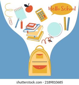 Back to school. School backpacks, note paper, books, calculator. School supplies. Brush, pens and pencils. Flat cartoon vector illustration. Icon School supplies