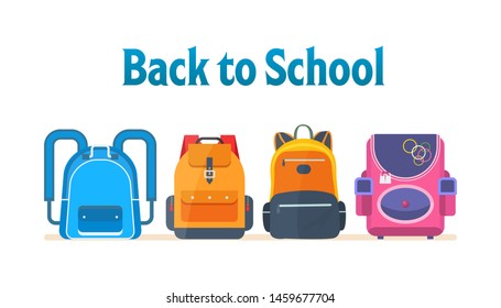 Back to school backpacks set. Bag school kids for education and study, schoolbag luggage, rucksack vector cartoon isolated illustration