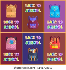 Back to school backpacks set of rucksacks. Notebook pages ruler and pencil in pocket of satchel. Book in schoolbag vector bags for schoolchildren