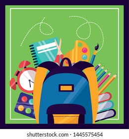 back to school bacpack clock books color pencils notebook