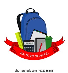 back to school badge, backpack with school supplies, vector illustration