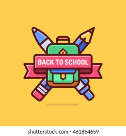 Back To School Badge. Cool Trendy School Logo With Ribbon, Backpack, Pen And Pencil. Modern Flat Style. Premium Quality Vector Icon.