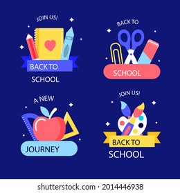 Back to school badge, logo. Label design. School icon. September emblem sticker set. Student sale marketing elements. Back to school day celebration. Education children mark. Vector illustration.