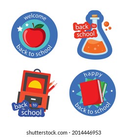Back to school badge, logo. Label design. School icon. September emblem sticker set. Student sale marketing elements. Back to school day celebration. Education children mark. Vector illustration.