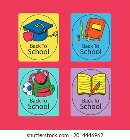 Back to school badge, logo. Label design. School icon. September emblem sticker set. Student sale marketing elements. Back to school day celebration. Education children mark. Vector illustration.