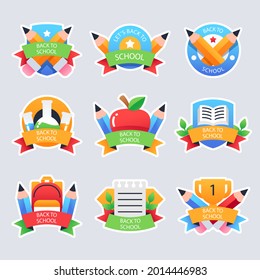 Back to school badge, logo. Label design. School icon. September emblem sticker set. Student sale marketing elements. Back to school day celebration. Education children mark. Vector illustration.