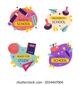 Back to school badge, logo. Label design. School icon. September emblem sticker set. Student sale marketing elements. Back to school day celebration. Education children mark. Vector illustration.