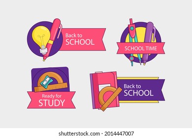 Back to school badge, logo. Label design. School icon. September emblem sticker set. Student sale marketing elements. Back to school day celebration. Education children mark. Vector illustration.