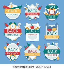 Back to school badge, logo. Label design. School icon. September emblem sticker set. Student sale marketing elements. Back to school day celebration. Education children mark. Vector illustration.