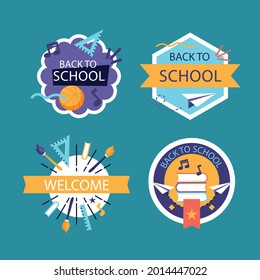 Back to school badge, logo. Label design. School icon. September emblem sticker set. Student sale marketing elements. Back to school day celebration. Education children mark. Vector illustration.