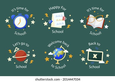 Back to school badge, logo. Label design. School icon. September emblem sticker set. Student sale marketing elements. Back to school day celebration. Education children mark. Vector illustration.