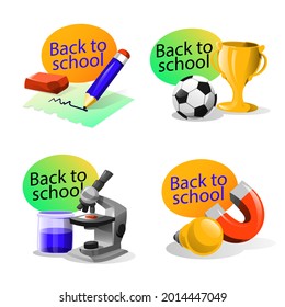 Back to school badge, logo. Label design. School icon. September emblem sticker set. Student sale marketing elements. Back to school day celebration. Education children mark. Vector illustration.