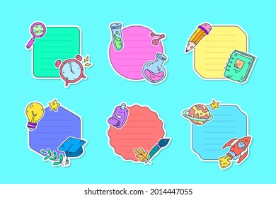 Back to school badge, logo. Label design. School icon. September emblem sticker set. Student sale marketing elements. Back to school day celebration. Education children mark. Vector illustration.