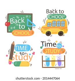 Back to school badge, logo. Label design. School icon. September emblem sticker set. Student sale marketing elements. Back to school day celebration. Education children mark. Vector illustration.
