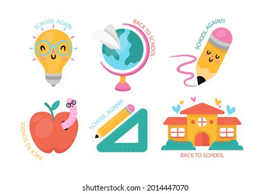 Back to school badge, logo. Label design. School icon. September emblem sticker set. Student sale marketing elements. Back to school day celebration. Education children mark. Vector illustration.