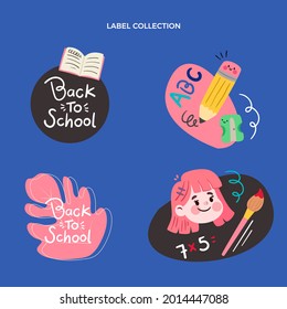 Back to school badge, logo. Label design. School icon. September emblem sticker set. Student sale marketing elements. Back to school day celebration. Education children mark. Vector illustration.