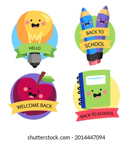 Back to school badge, logo. Label design. School icon. September emblem sticker set. Student sale marketing elements. Back to school day celebration. Education children mark. Vector illustration.