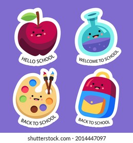 Back to school badge, logo. Label design. School icon. September emblem sticker set. Student sale marketing elements. Back to school day celebration. Education children mark. Vector illustration.