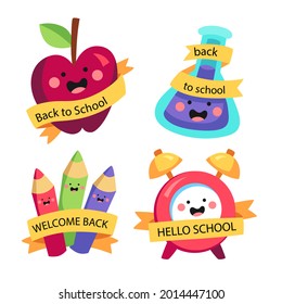 Back to school badge, logo. Label design. School icon. September emblem sticker set. Student sale marketing elements. Back to school day celebration. Education children mark. Vector illustration.