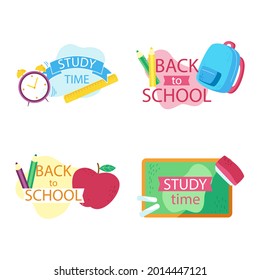 De vuelta a la placa de la escuela, logotipo. Diseño de etiquetas. Icono de la escuela. Conjunto de stickers de emblema de septiembre. Elementos de marketing de venta de estudiantes. De vuelta a la celebración del día escolar. La educación de los niños marca. Ilustración vectorial.