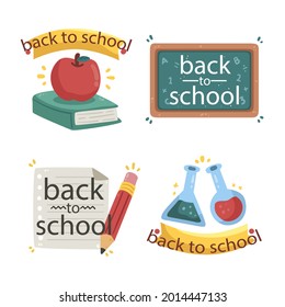 Back to school badge, logo. Label design. School icon. September emblem sticker set. Student sale marketing elements. Back to school day celebration. Education children mark. Vector illustration.
