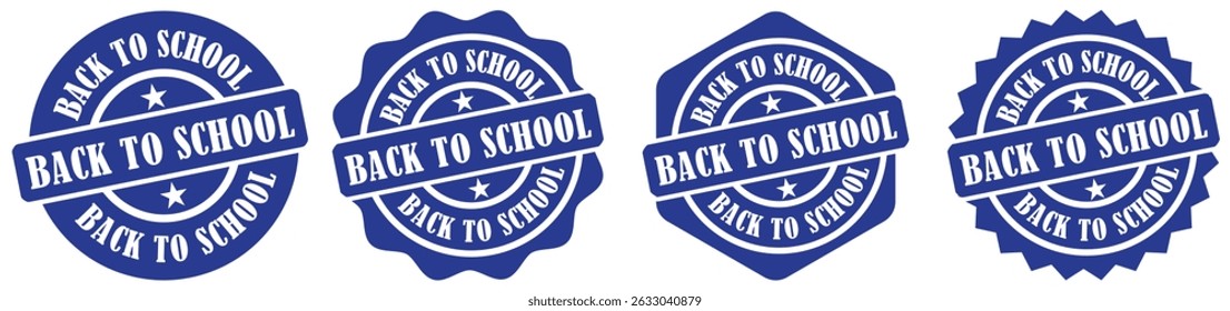 Colección de sello de goma de regreso a la escuela sobre fondo blanco. Sello circular de regreso a la escuela. Icono de mensaje escolar en negrita. Arte de la etiqueta de la promoción de la escuela. Pegatina redonda clásica. Ilustración vectorial