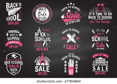 Back to School badges with design elements on the chalkboard. For back to school advertising, promotion, poster, flier, blog, article, social media, marketing or banner. Vector. Back to School sale.