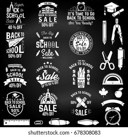 Back to School badges with design elements on the chalkboard. For advertising, promotion, poster, flier, blog, article, social media, marketing or banner Vector illustration. Back to School sale.